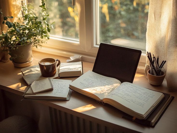 Illustration of a calm morning workspace with a notebook, a warm drink and a small plant